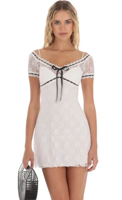 LUCY IN THE SKY Mini Dresses^Black Ribbon Lace Dress In White