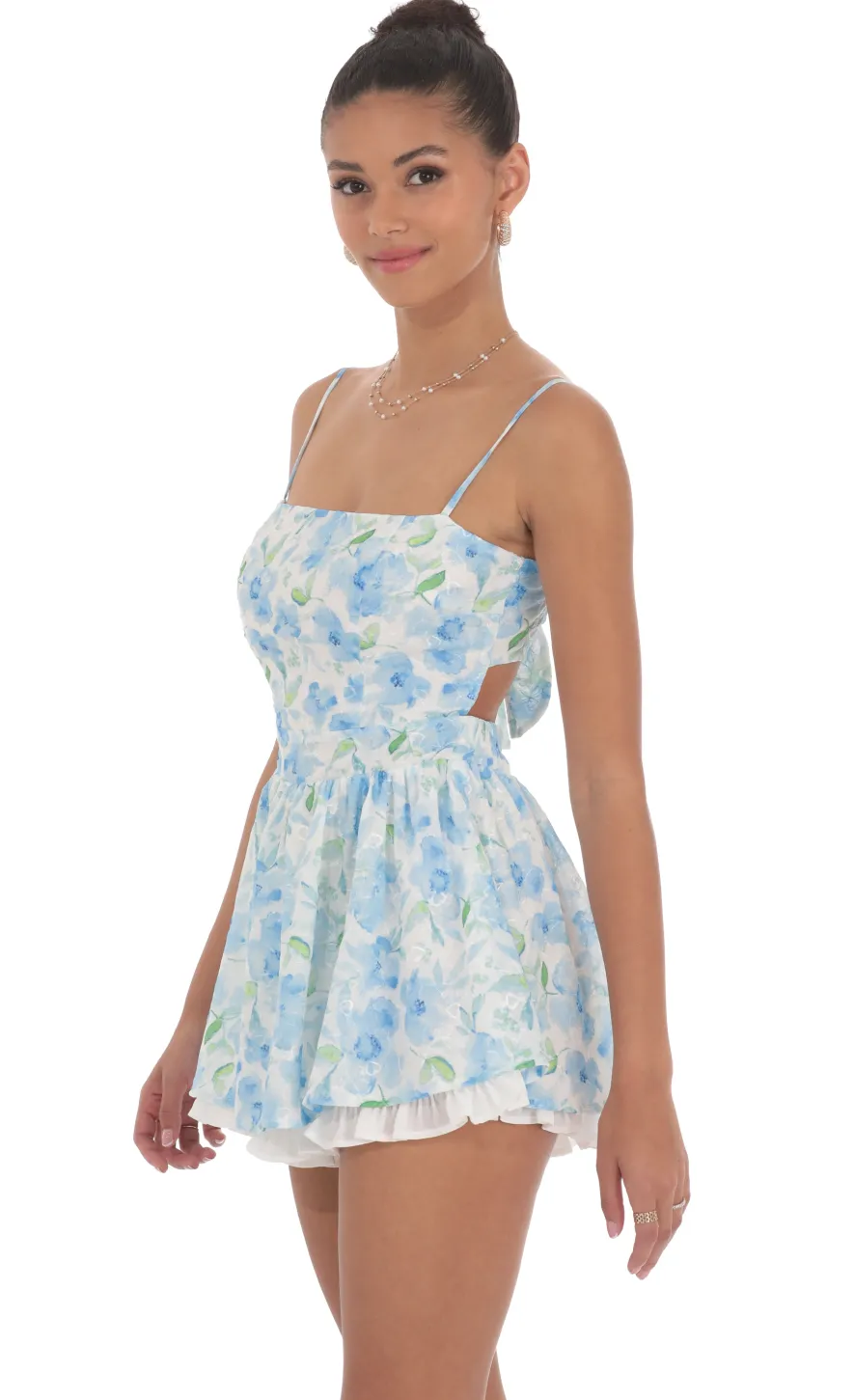 LUCY IN THE SKY Mini Dresses^Blue Floral Ruffle Romper In White