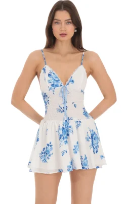 LUCY IN THE SKY Mini Dresses^Blue Floral Smocked Ruffle Dress In White