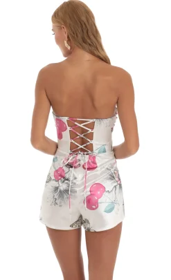 LUCY IN THE SKY Rompers^Cherry Butterfly Strapless Romper In White