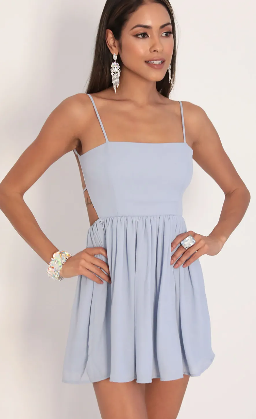 LUCY IN THE SKY Mini Dresses^Chiffon A-line Dress In Dusty Blue