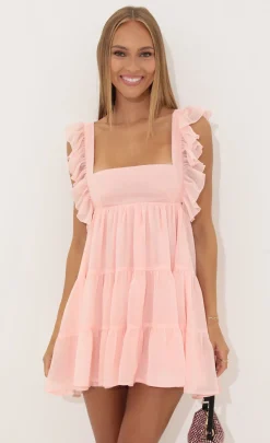 LUCY IN THE SKY Mini Dresses^Chiffon Baby Doll Ruffle Dress In Pink