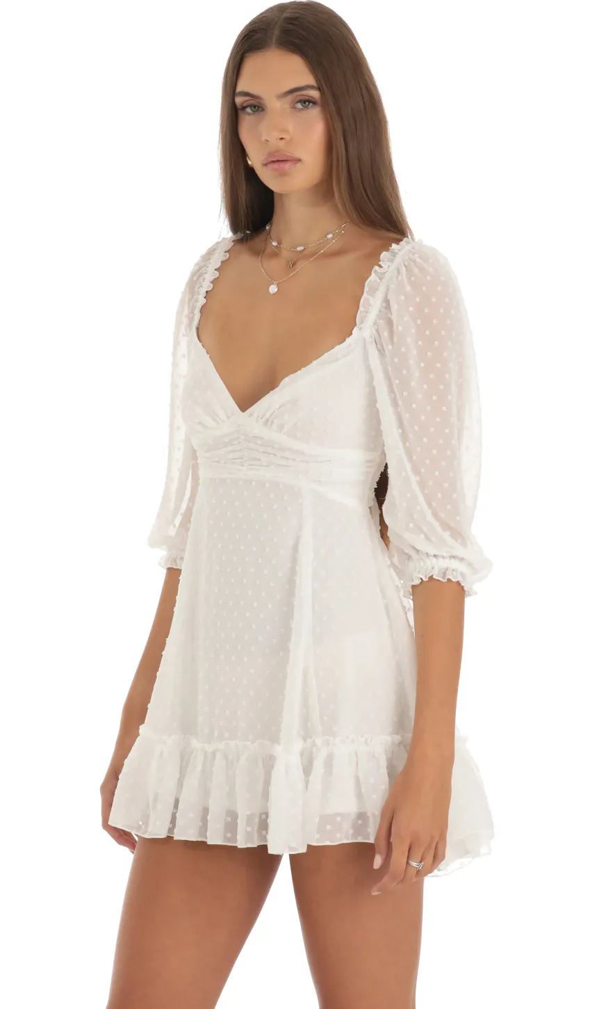LUCY IN THE SKY Mini Dresses^Chiffon Dotted A-Line Mini Dress In White