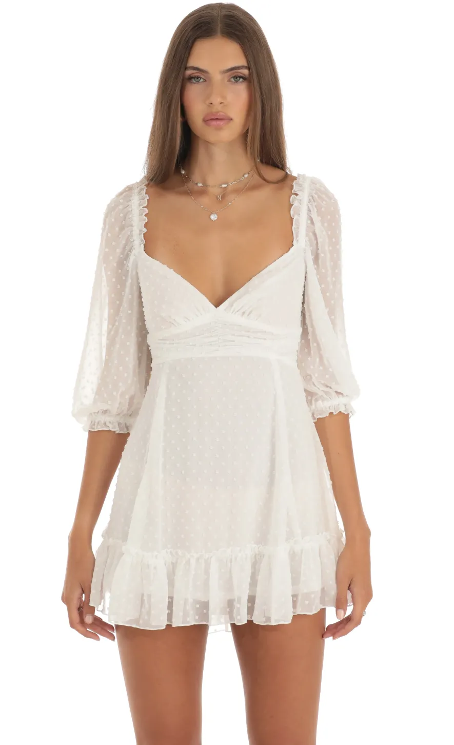 LUCY IN THE SKY Mini Dresses^Chiffon Dotted A-Line Mini Dress In White