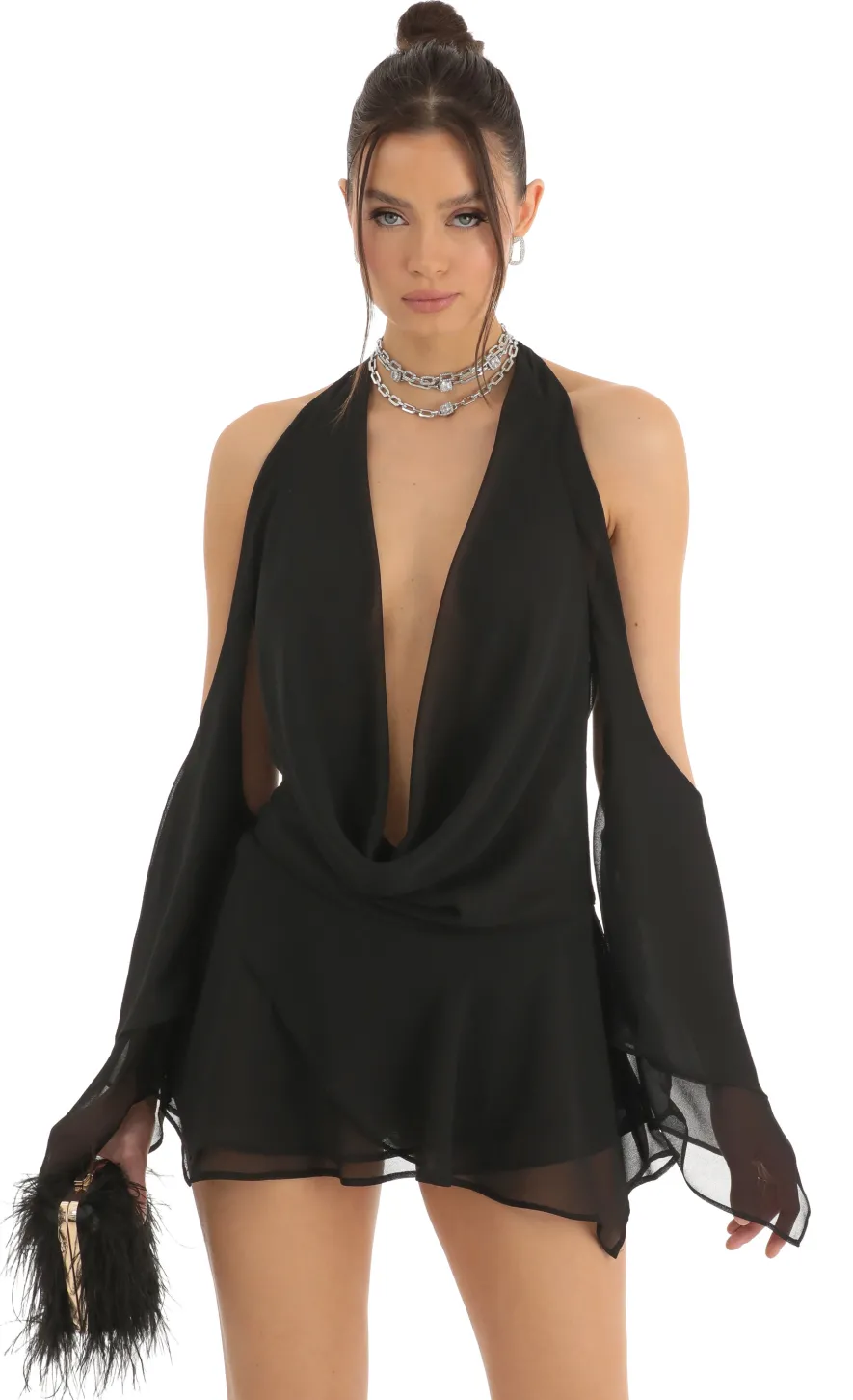 LUCY IN THE SKY Mini Dresses^Chiffon Draped Cowl Neck Dress In Black