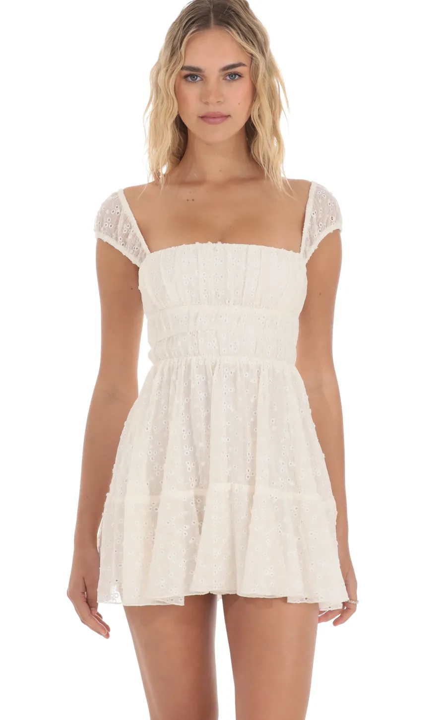 LUCY IN THE SKY Mini Dresses^Chiffon Eyelet Cap Sleeve Dress In Cream