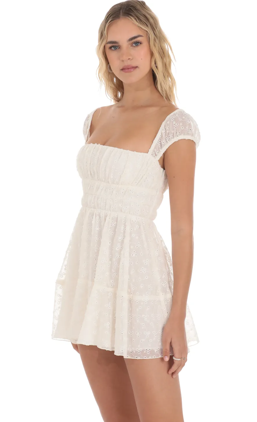 LUCY IN THE SKY Mini Dresses^Chiffon Eyelet Cap Sleeve Dress In Cream
