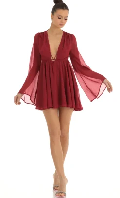 LUCY IN THE SKY Mini Dresses^Chiffon Plunge Neck Dress In Red