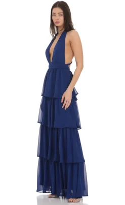 LUCY IN THE SKY Maxi Dresses^Chiffon Plunge Ruffle Dress In Blue