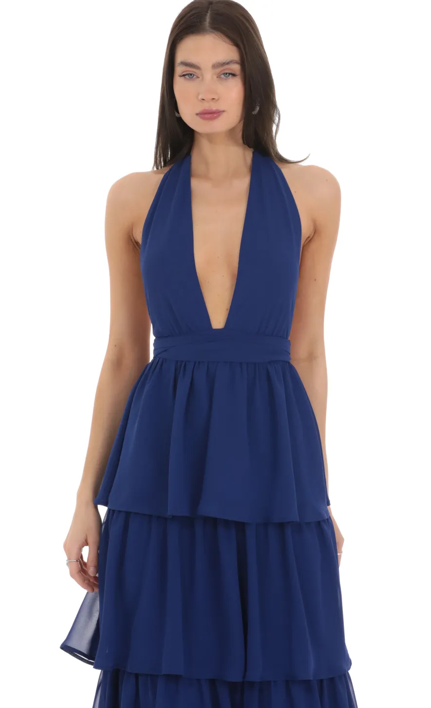 LUCY IN THE SKY Maxi Dresses^Chiffon Plunge Ruffle Dress In Blue
