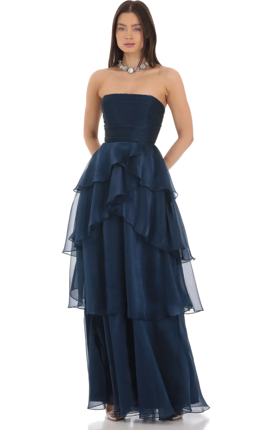 LUCY IN THE SKY Maxi Dresses^Corset Ruffle Strapless Maxi Dress In Navy