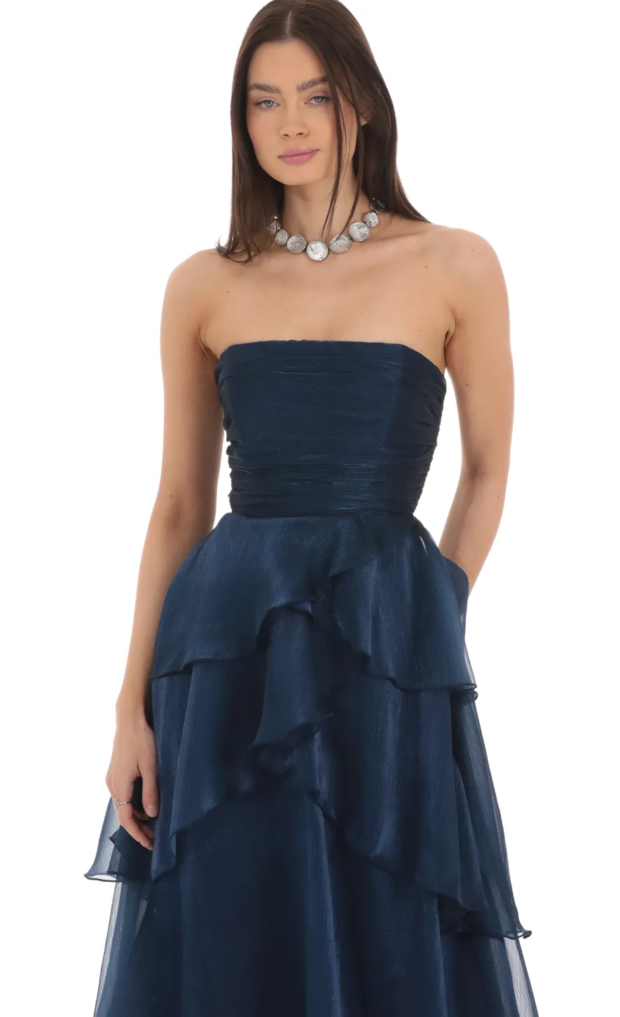 LUCY IN THE SKY Maxi Dresses^Corset Ruffle Strapless Maxi Dress In Navy