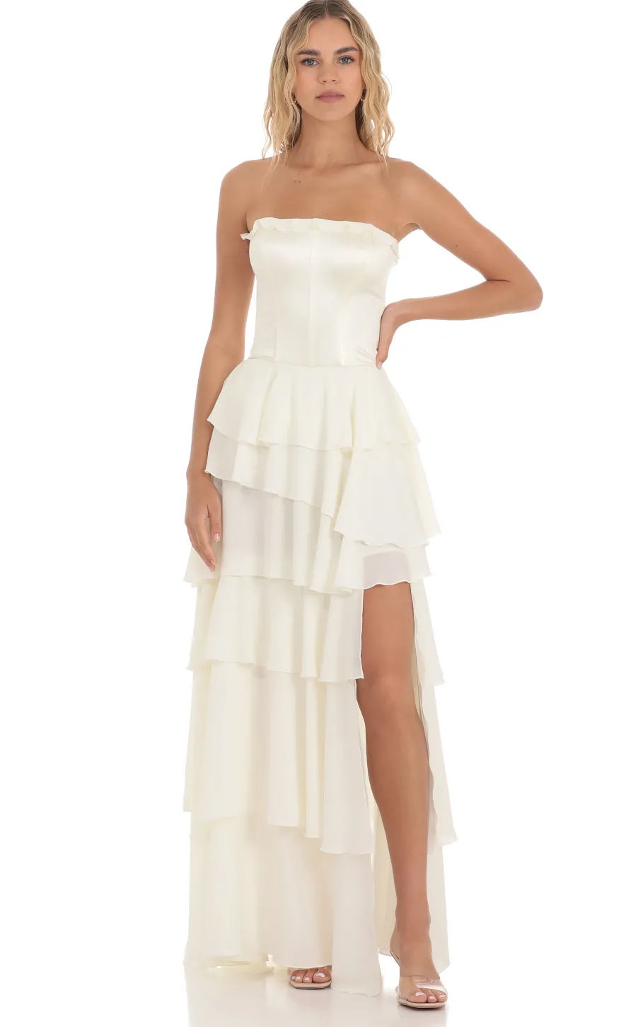 LUCY IN THE SKY Maxi Dresses^Corset Ruffle Strapless Maxi Dress In Cream
