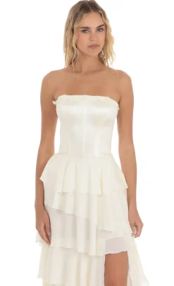 LUCY IN THE SKY Maxi Dresses^Corset Ruffle Strapless Maxi Dress In Cream