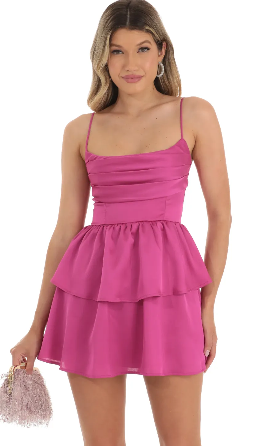 LUCY IN THE SKY Mini Dresses^Crepe Ruffle Dress In Magenta