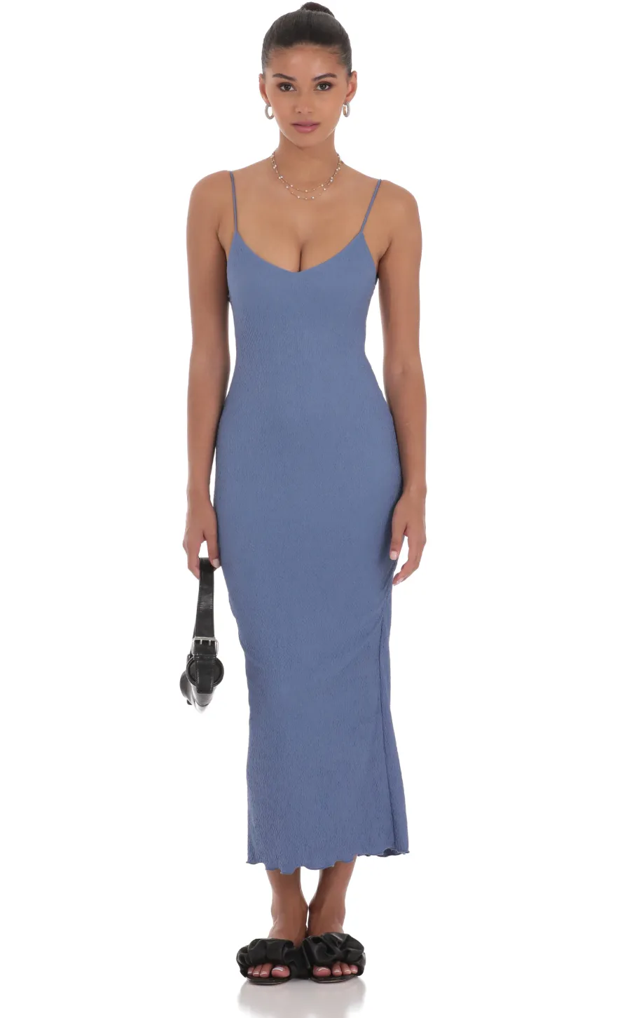 LUCY IN THE SKY Maxi Dresses^Crinkle V-Neck Bodycon Maxi Dress In Slate Blue