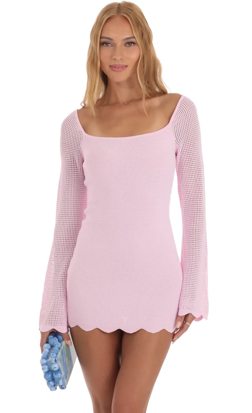 LUCY IN THE SKY Mini Dresses^Crochet Bell Sleeve Dress In Pink