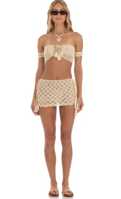 LUCY IN THE SKY Two-Piece Sets^Crochet Off Shoulder Two Piece Skirt Set In Beige