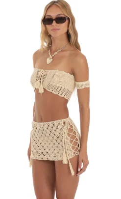 LUCY IN THE SKY Two-Piece Sets^Crochet Off Shoulder Two Piece Skirt Set In Beige