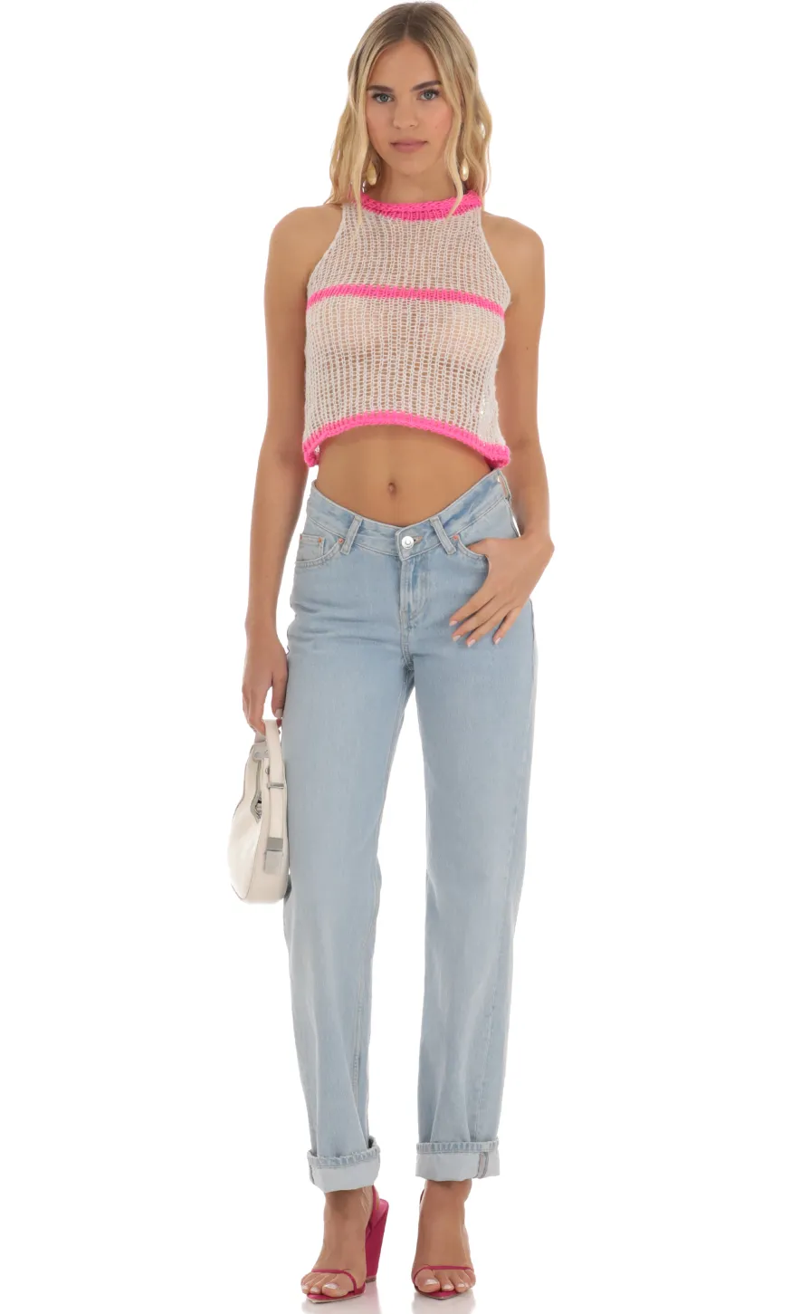 LUCY IN THE SKY Tops^Crochet Pink Stripe Top In White