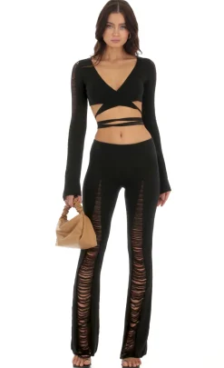 LUCY IN THE SKY Two-Piece Sets|Pants^Crochet Wrap Two Piece Set In Black