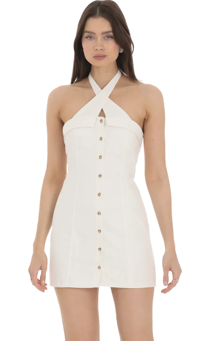 LUCY IN THE SKY Mini Dresses^Cross Neck Halter Dress In White