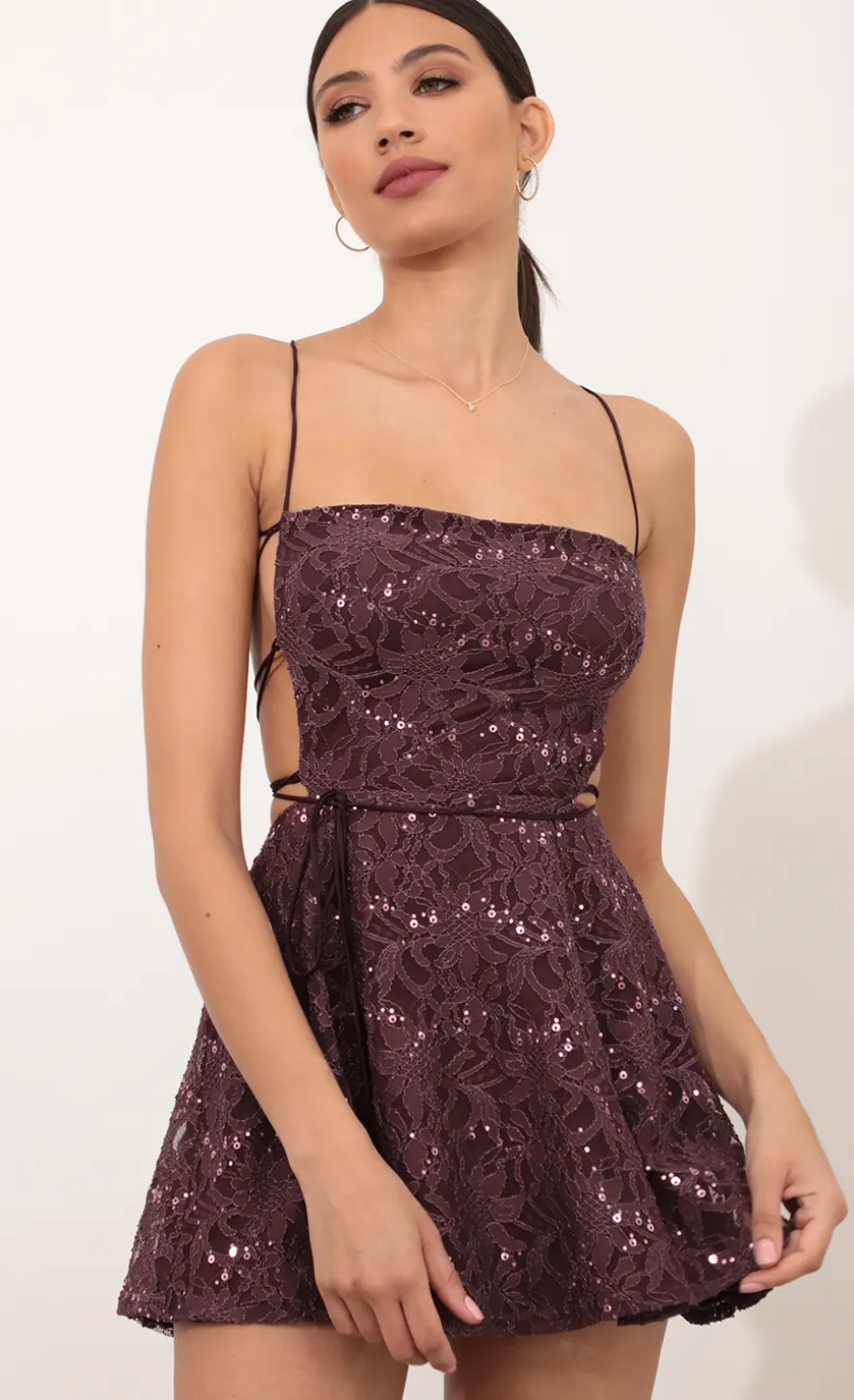 LUCY IN THE SKY Mini Dresses^Cutout A-line Dress In Aubergine Lace