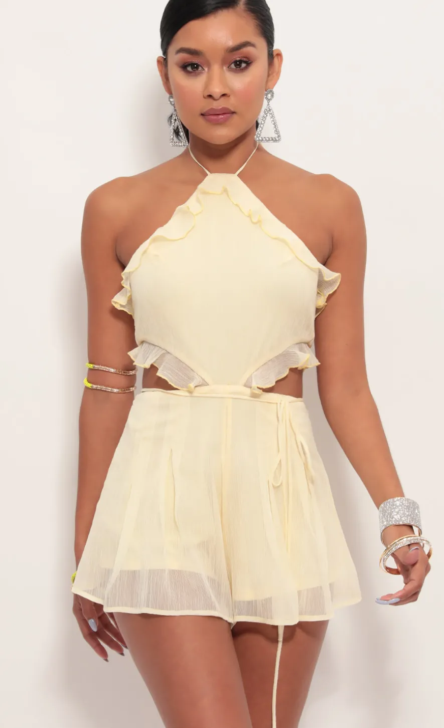 LUCY IN THE SKY Rompers^Cutout Halter Romper In Light Yellow