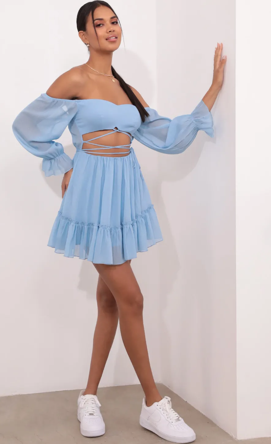 LUCY IN THE SKY Mini Dresses^Cutout Off The Shoulder Dress In Sky Blue