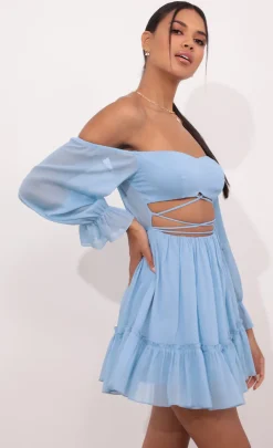 LUCY IN THE SKY Mini Dresses^Cutout Off The Shoulder Dress In Sky Blue