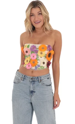 LUCY IN THE SKY Tops^3-D Flower Strapless Top In Cream