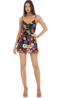 LUCY IN THE SKY Mini Dresses^3-D Flower V-Neck Dress In Black