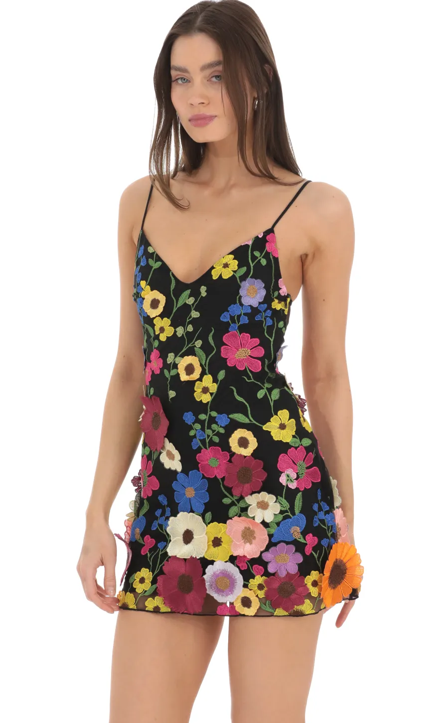 LUCY IN THE SKY Mini Dresses^3-D Flower V-Neck Dress In Black