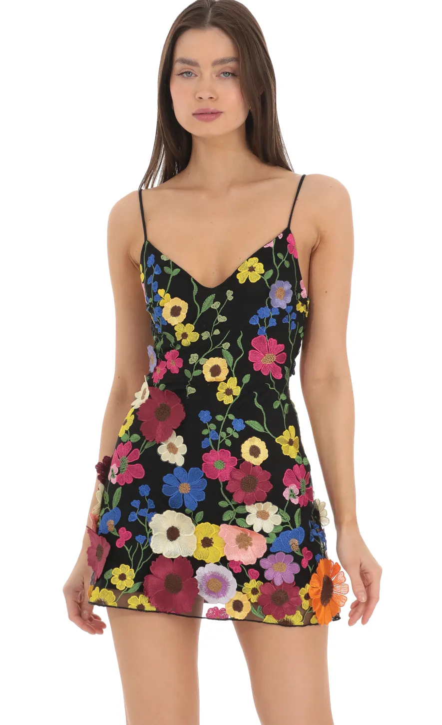 LUCY IN THE SKY Mini Dresses^3-D Flower V-Neck Dress In Black