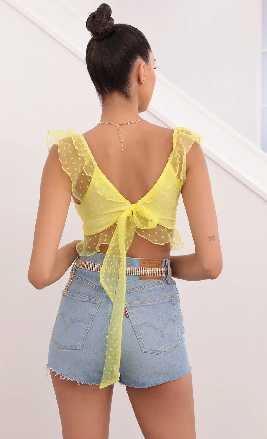 LUCY IN THE SKY Tops^Dotted Chiffon Top In Yellow