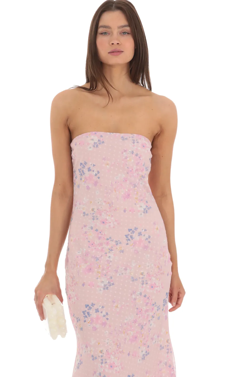 LUCY IN THE SKY Maxi Dresses^Dotted Floral Strapless Maxi Dress In Pink