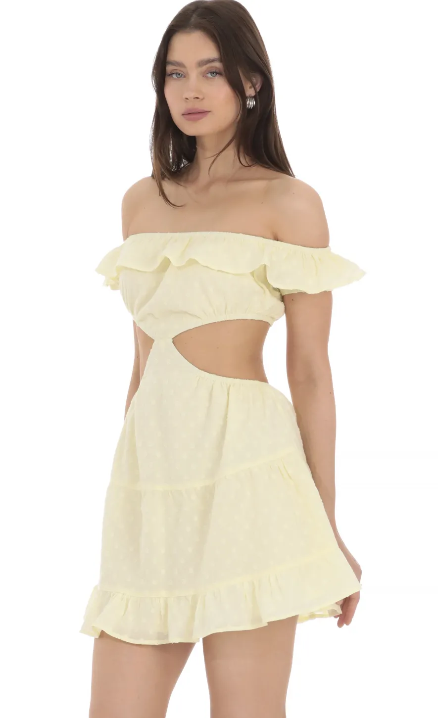 LUCY IN THE SKY Mini Dresses^Dotted Off Shoulder Cutout Dress In Yellow