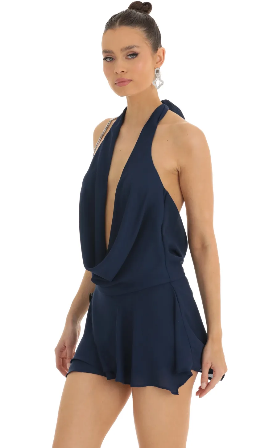 LUCY IN THE SKY Mini Dresses^Draped Plunge Neck Dress In Navy