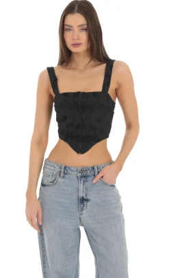 LUCY IN THE SKY Tops^Embroidered Floral Pointed Top In Black