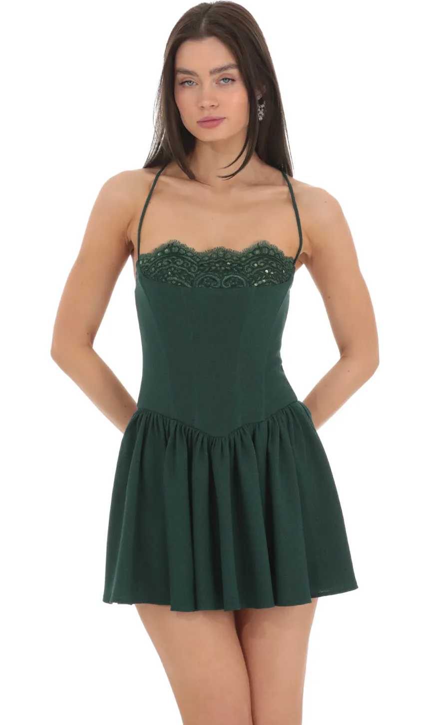 LUCY IN THE SKY Mini Dresses^Embroidered Sequin Corset A-line Dress In Green
