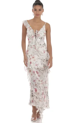 LUCY IN THE SKY Maxi Dresses^Floral Chiffon Ruffle Maxi Dress In White