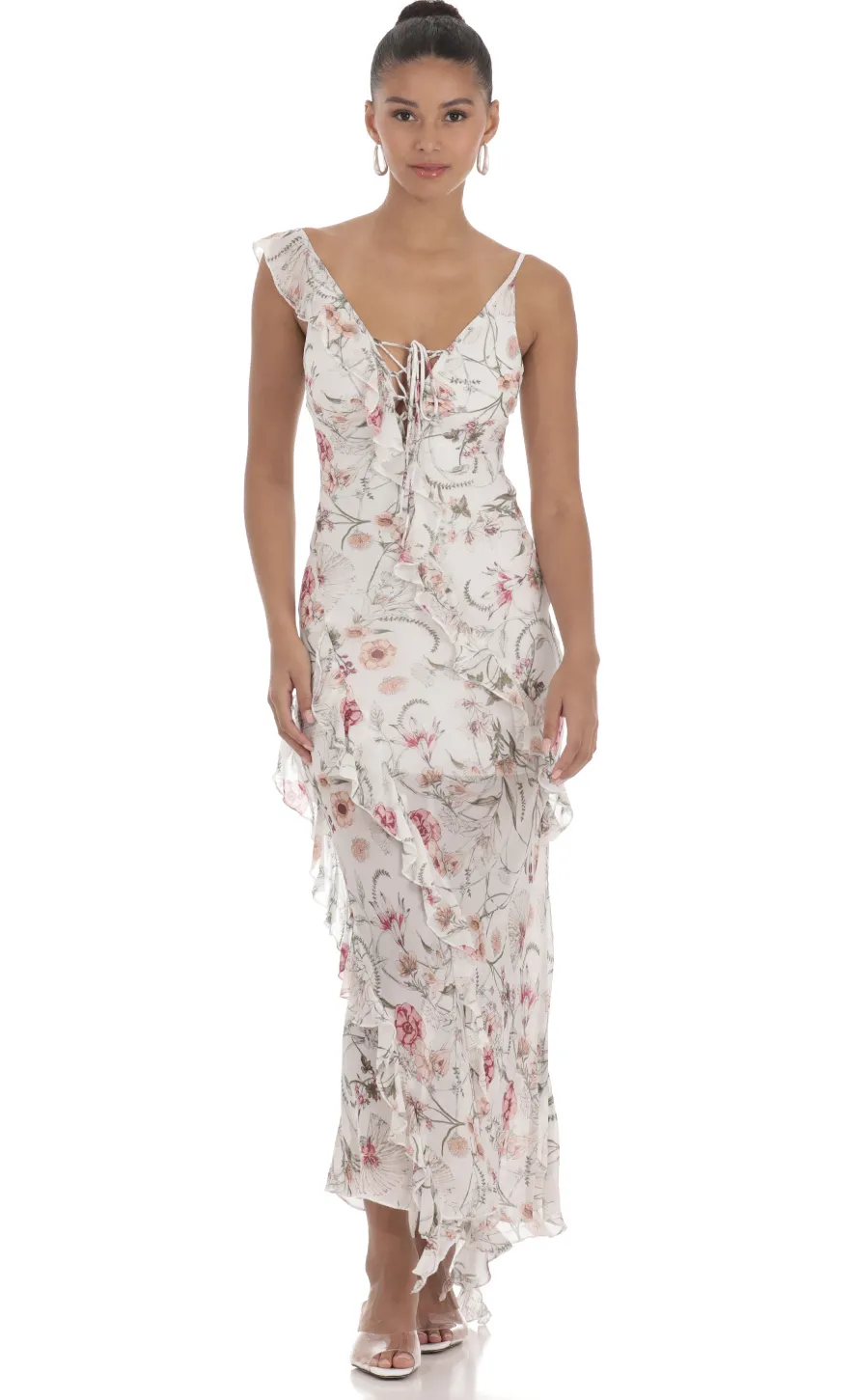 LUCY IN THE SKY Maxi Dresses^Floral Chiffon Ruffle Maxi Dress In White