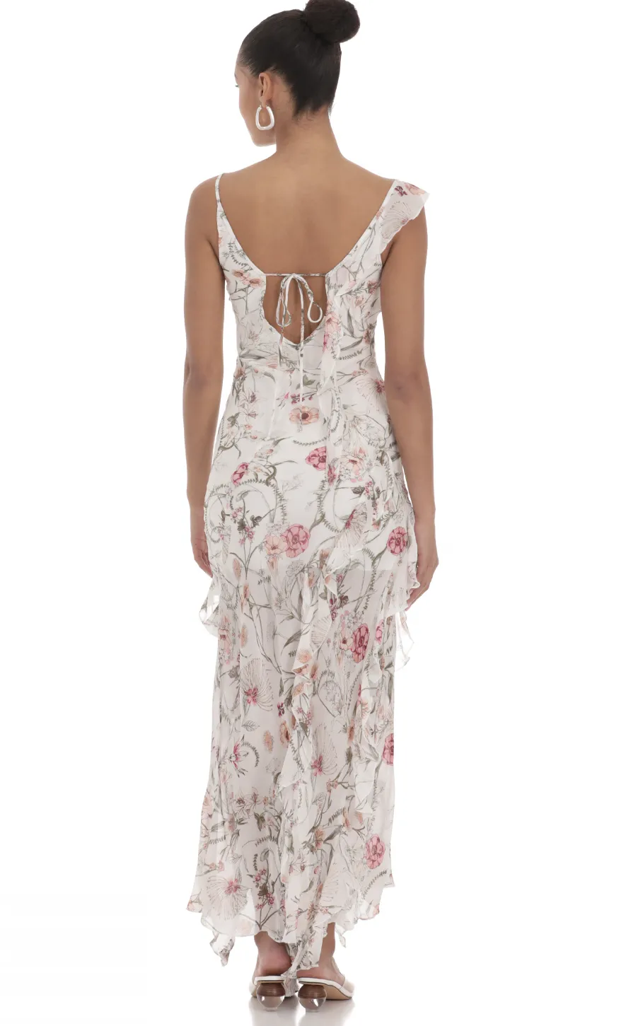 LUCY IN THE SKY Maxi Dresses^Floral Chiffon Ruffle Maxi Dress In White