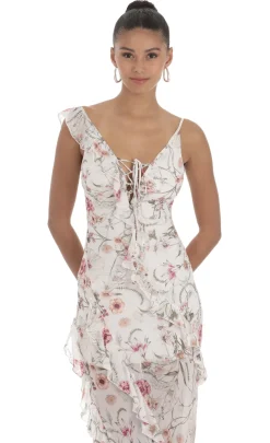 LUCY IN THE SKY Maxi Dresses^Floral Chiffon Ruffle Maxi Dress In White