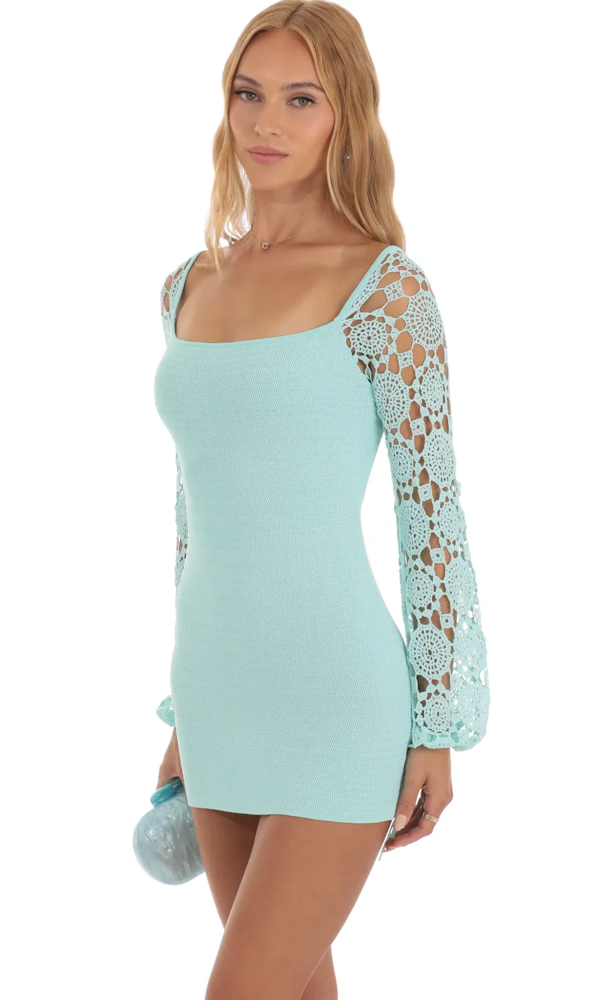LUCY IN THE SKY Mini Dresses^Floral Crochet Long Sleeve Dress In Blue
