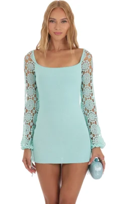 LUCY IN THE SKY Mini Dresses^Floral Crochet Long Sleeve Dress In Blue