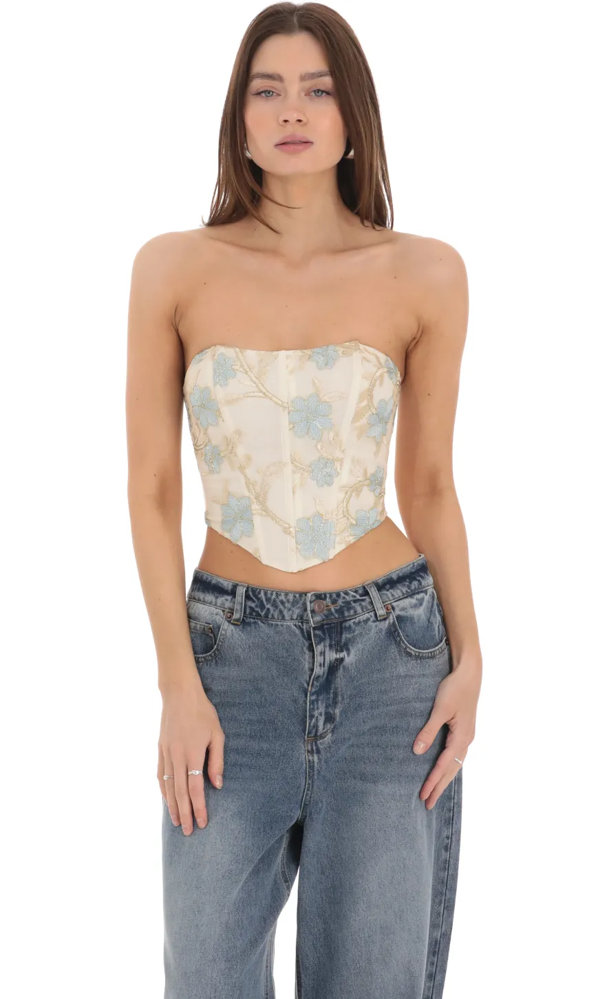 LUCY IN THE SKY Tops^Floral Embroidered Corset Top On Cream