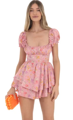 LUCY IN THE SKY Mini Dresses^Floral Puff Sleeve Romper In Pink