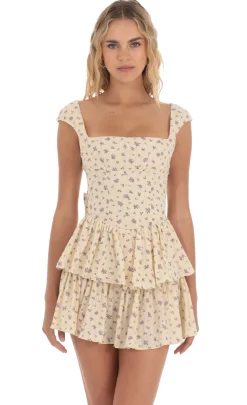 LUCY IN THE SKY Mini Dresses^Floral Ruffle Capped Sleeve Dress In Yellow