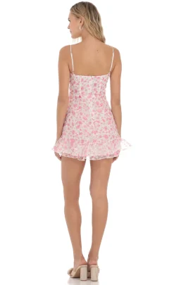 LUCY IN THE SKY Mini Dresses^Floral Shimmer V-Neck Ruffle Dress In White